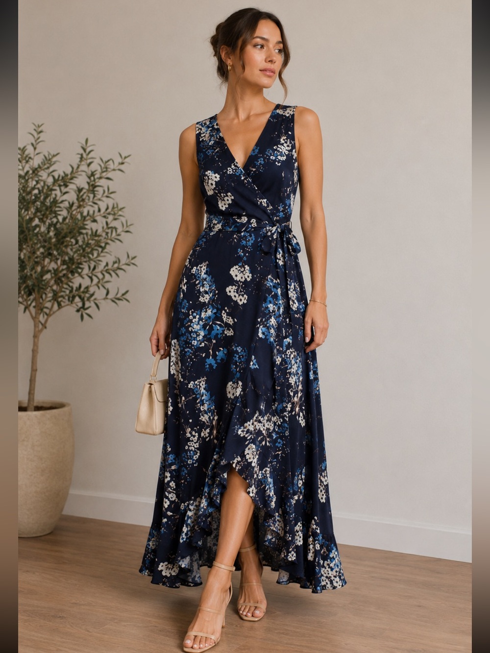 2three 4 summer navy slik blue floral wrap maxi dress size XS halter